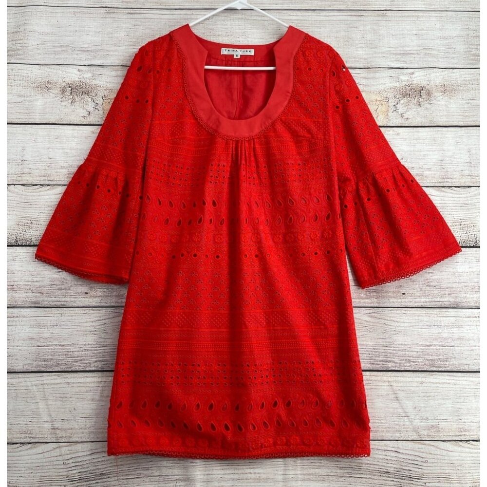 Trina Turk Bonita Bright Eyelet Embroidered Dress Women's Size 6 Poppy Red